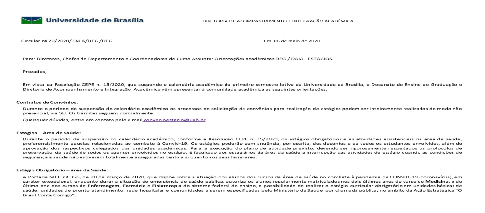 Esclarecendo as informações constantes na Circular n. 20/2020/DAIA/DEG/DEG