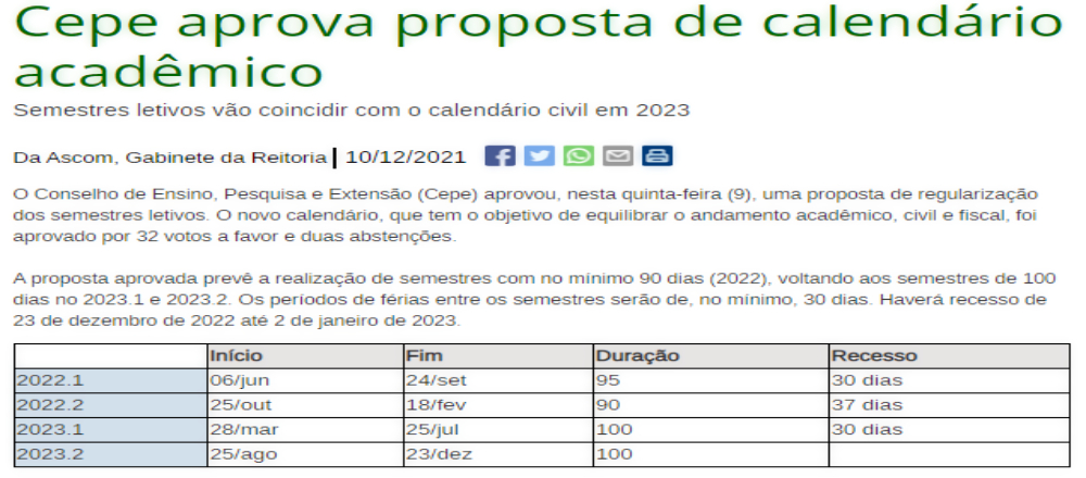 Cepe aprova proposta de calendário acadêmico